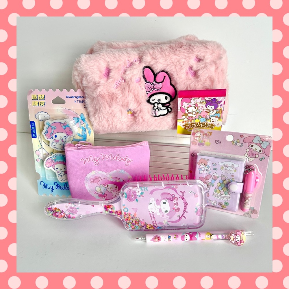 💖(MY323) My Melody Adorable 7-Piece Fuzzy Pencil Case Bundle!